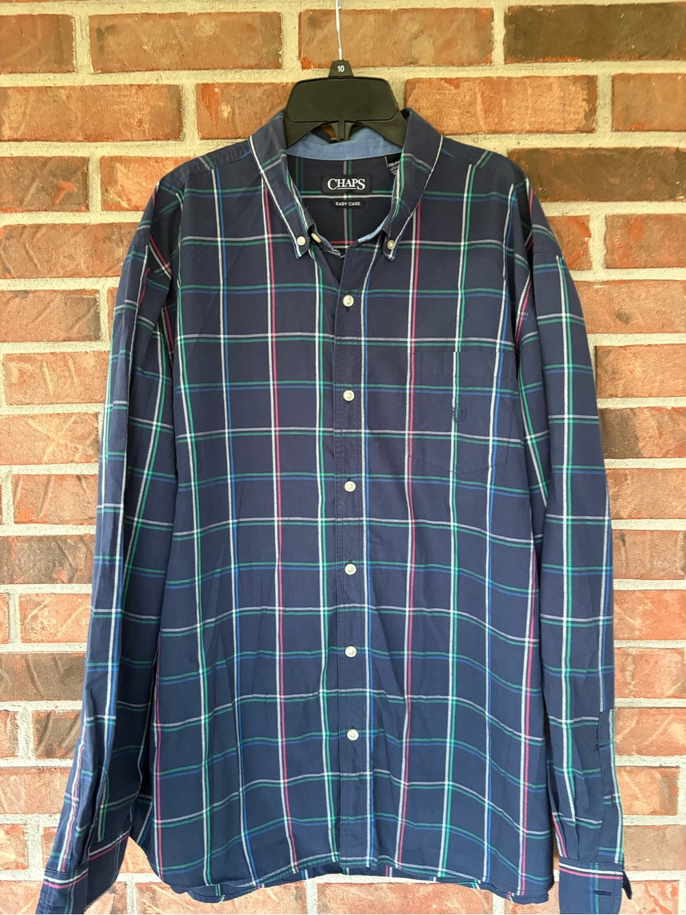 Chaps Men's Navy Plaid Button-Down Shirt with Green and Pink Accents